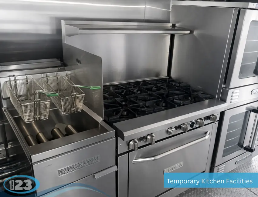 Commercial fryer, cooking range and convection ovens in a temporary kitchen