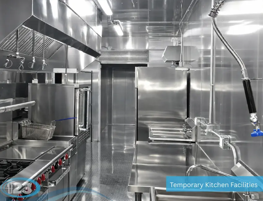 Stainless steel worktables and sinks inside a temporary commercial kitchen