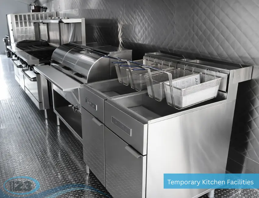 Commercial fryer bank and cooking equipment inside a mobile kitchen